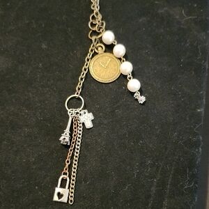 Bronze and Silver Charm Necklace with Pearls